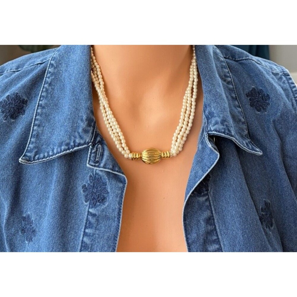 Joan Rivers Golden Clasp Simulated Pearl Torsade Necklace Triple Strand VTG